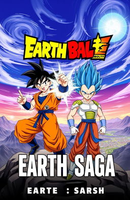 A dynamic and thrilling book cover for 'Earth Saga', featuring Goku and Vegeta in an intense battle stance