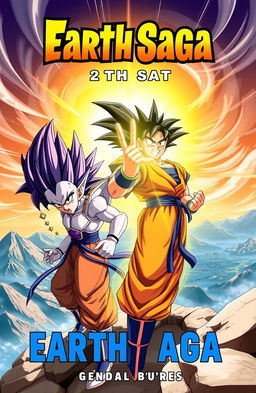 A dynamic and thrilling book cover for 'Earth Saga', featuring Goku and Vegeta in an intense battle stance
