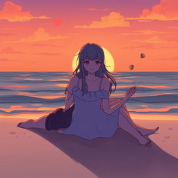 An emotional scene depicting two close friends sitting together on a beach during sunset, their silhouettes outlined by the warm orange and pink hues of the sky