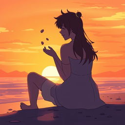 An emotional scene depicting two close friends sitting together on a beach during sunset, their silhouettes outlined by the warm orange and pink hues of the sky