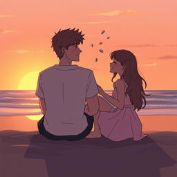 An emotional scene depicting two close friends sitting together on a beach during sunset, their silhouettes outlined by the warm orange and pink hues of the sky