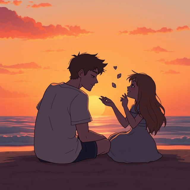 An emotional scene depicting two close friends sitting together on a beach during sunset, their silhouettes outlined by the warm orange and pink hues of the sky