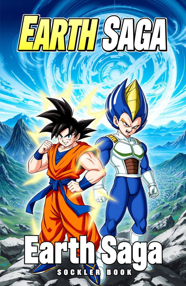 A dynamic and thrilling book cover for 'Earth Saga', featuring Goku and Vegeta in an intense battle stance