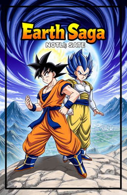 A dynamic and thrilling book cover for 'Earth Saga', featuring Goku and Vegeta in an intense battle stance