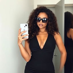 A stunning brunette woman with curly hair taking a selfie in front of a mirror