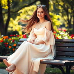 A young Russian woman sitting on a bench, wearing a beautiful and elegant dress