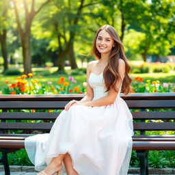 A young Russian woman sitting on a bench, wearing a beautiful and elegant dress