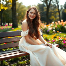 A young Russian woman sitting on a bench, wearing a beautiful and elegant dress