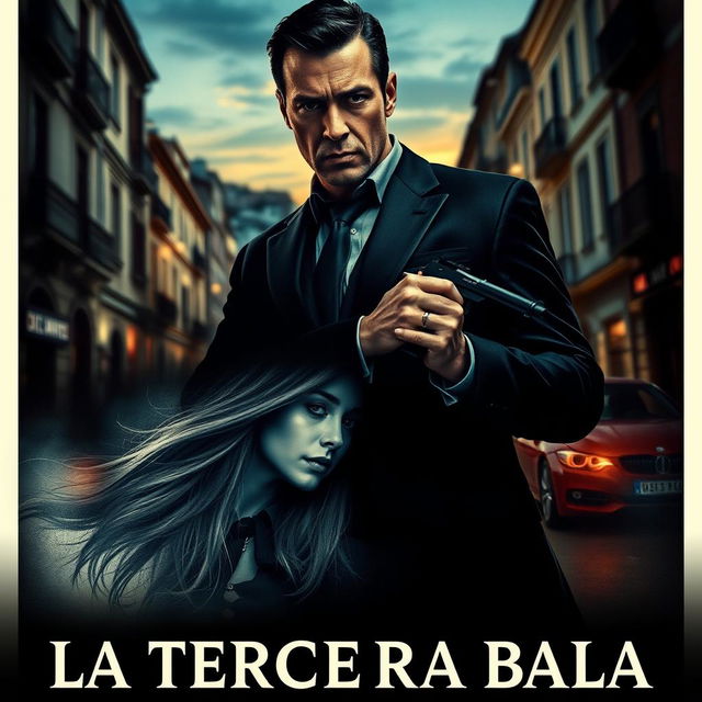 A dramatic movie poster for 'La Tercera Bala', featuring a vengeful man in a dark suit standing in the streets of Italy at dusk