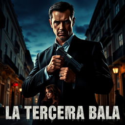 A dramatic movie poster for 'La Tercera Bala', featuring a vengeful man in a dark suit standing in the streets of Italy at dusk