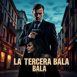 A dramatic movie poster for 'La Tercera Bala', featuring a vengeful man in a dark suit standing in the streets of Italy at dusk