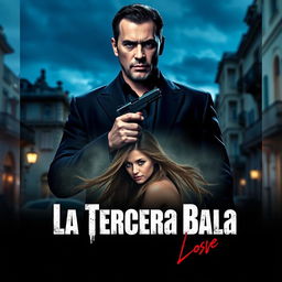 A dramatic movie poster for 'La Tercera Bala', featuring a vengeful man in a dark suit standing in the streets of Italy at dusk