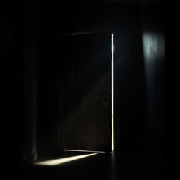 An enigmatic open door standing in a dimly lit corridor, with soft rays of light spilling from the slightly ajar door