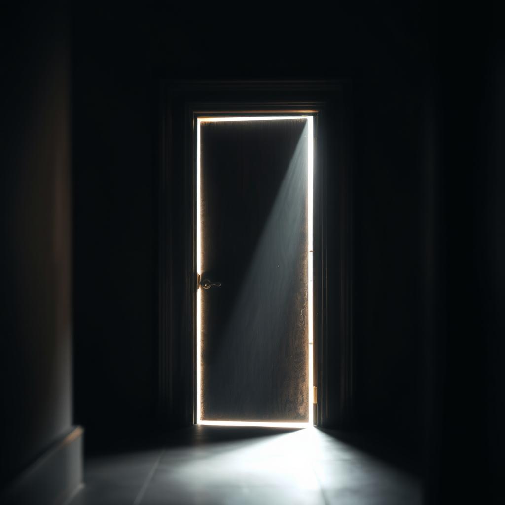 An enigmatic open door standing in a dimly lit corridor, with soft rays of light spilling from the slightly ajar door