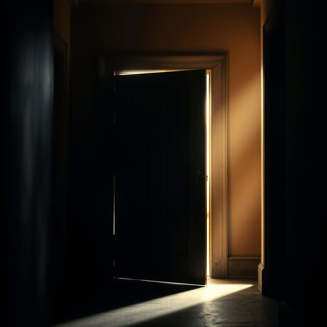 An enigmatic open door standing in a dimly lit corridor, with soft rays of light spilling from the slightly ajar door