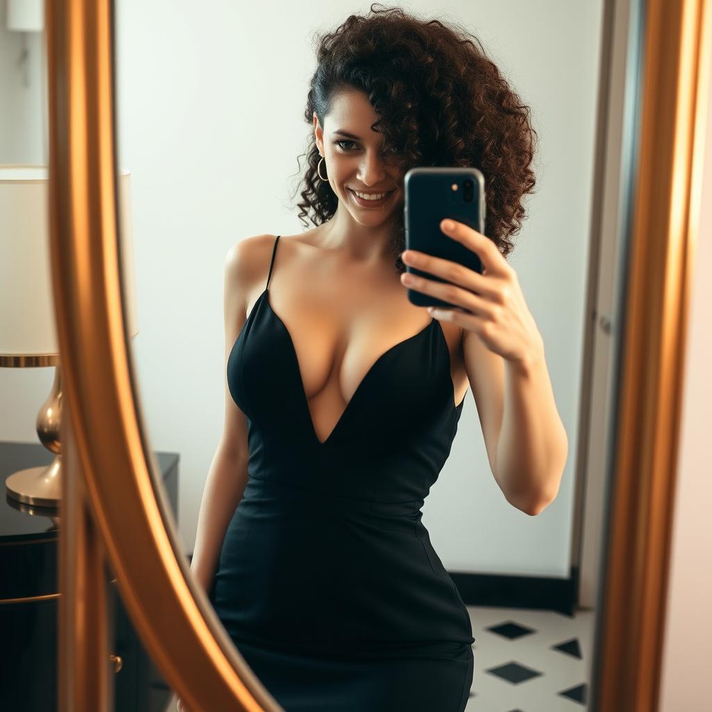 A brunette woman with curly hair taking a selfie in front of a mirror