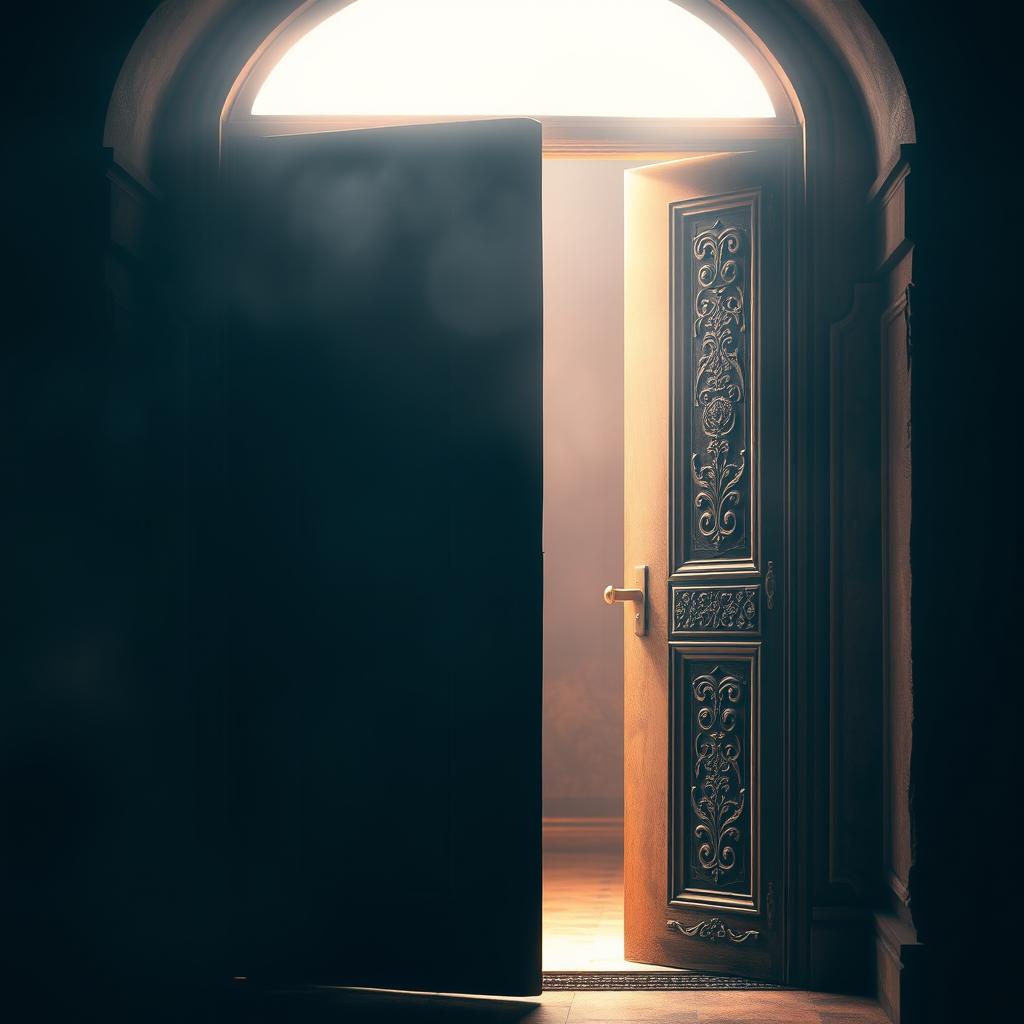 A captivating image of a mid-open door, its frame partially illuminated by a soft, ethereal light seeping from within