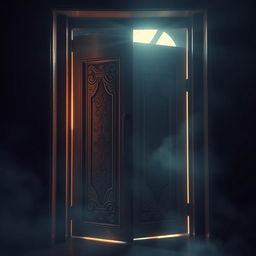 A captivating image of a mid-open door, its frame partially illuminated by a soft, ethereal light seeping from within