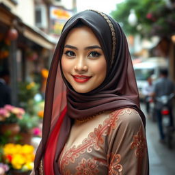 A stunning Medanese woman with large breasts, elegantly dressed in an alluring hijab that captures attention
