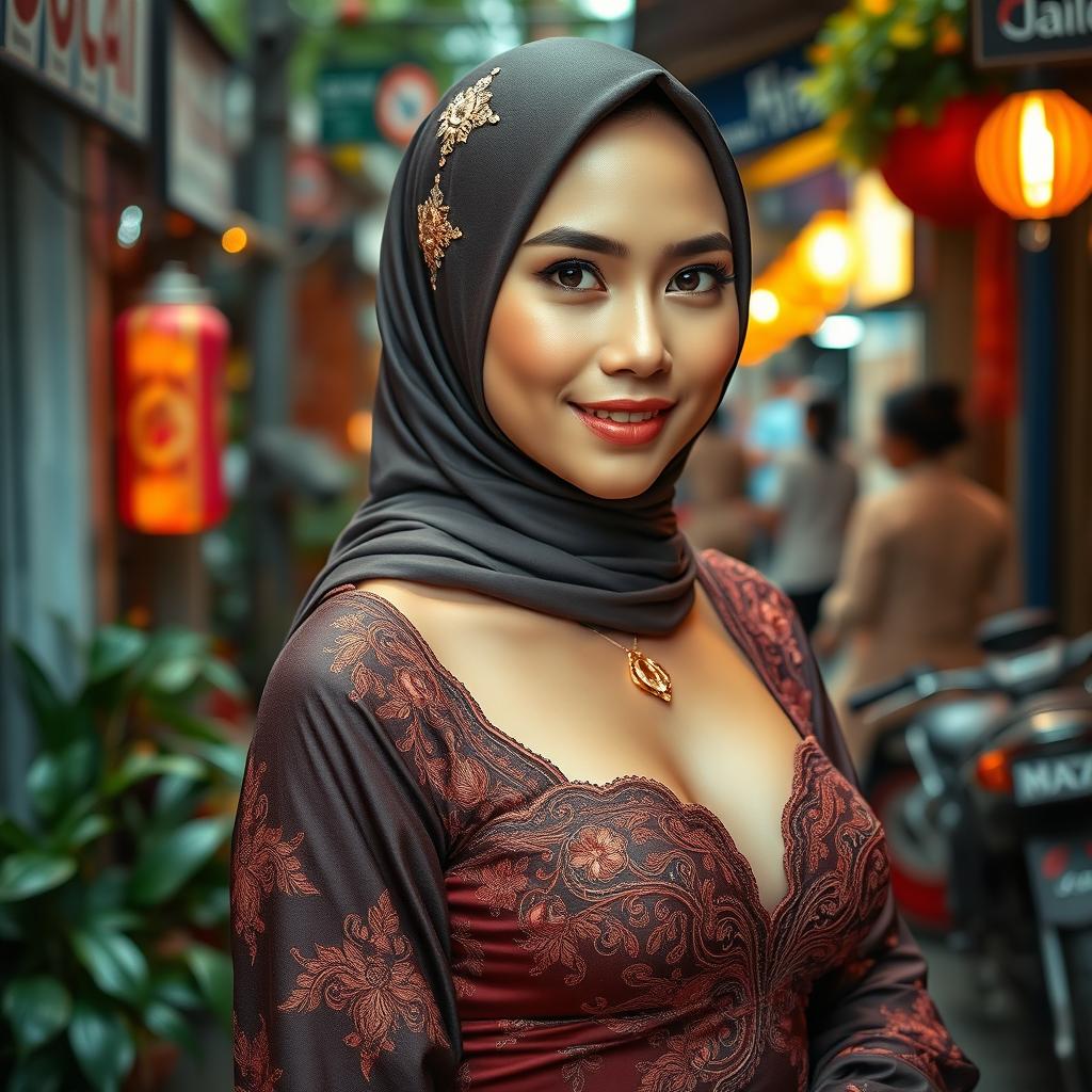 A stunning Medanese woman with large breasts, elegantly dressed in an alluring hijab that captures attention