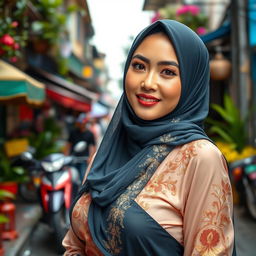 A stunning Medanese woman with large breasts, elegantly dressed in an alluring hijab that captures attention
