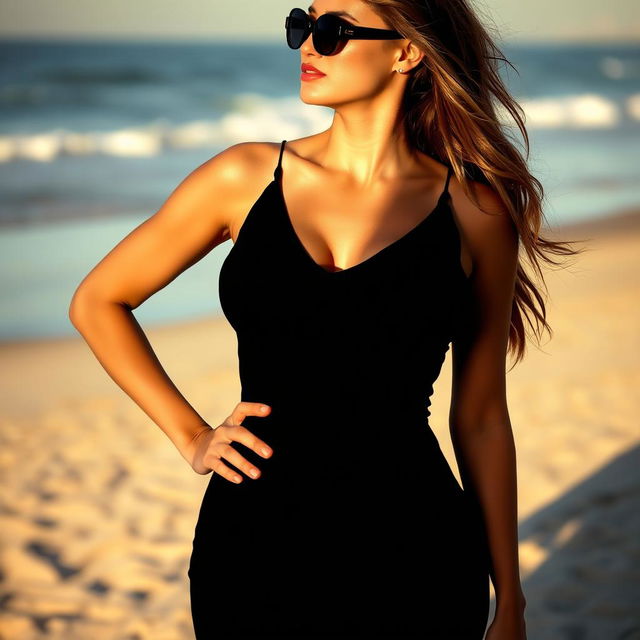 A woman wearing a sexy black dress that accentuates her figure, with prominent curves