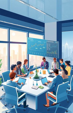 A visually striking and informative illustration of a bustling business economy, depicting a diverse group of professionals engaged in various activities within a modern office environment