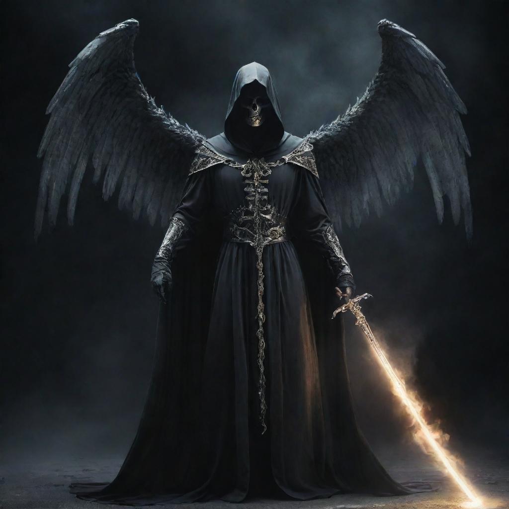 An ethereal image of the Angel of Death clad in a robe, armed with a gleaming scythe, appearing suddenly with a mysterious and captivating aura