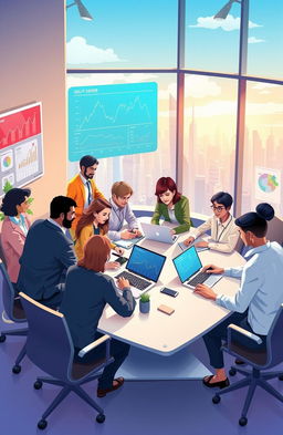 A visually striking and informative illustration of a bustling business economy, depicting a diverse group of professionals engaged in various activities within a modern office environment