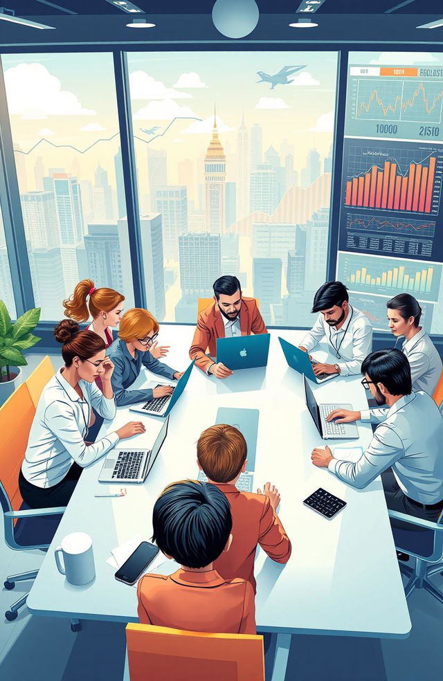 A visually striking and informative illustration of a bustling business economy, depicting a diverse group of professionals engaged in various activities within a modern office environment