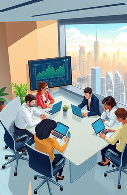 A visually striking and informative illustration of a bustling business economy, depicting a diverse group of professionals engaged in various activities within a modern office environment