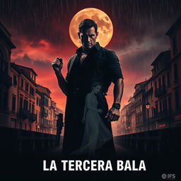 A gripping movie poster for the film titled 'La Tercera Bala', depicting a man's quest for vengeance after the Italian mafia murders his wife