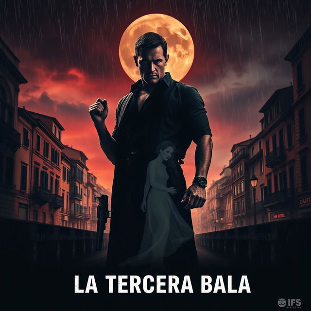 A gripping movie poster for the film titled 'La Tercera Bala', depicting a man's quest for vengeance after the Italian mafia murders his wife