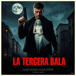 A gripping movie poster for the film titled 'La Tercera Bala', depicting a man's quest for vengeance after the Italian mafia murders his wife