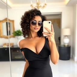 A beautiful brunette woman with curly hair taking a selfie in front of a mirror