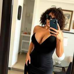 A beautiful brunette woman with curly hair taking a selfie in front of a mirror