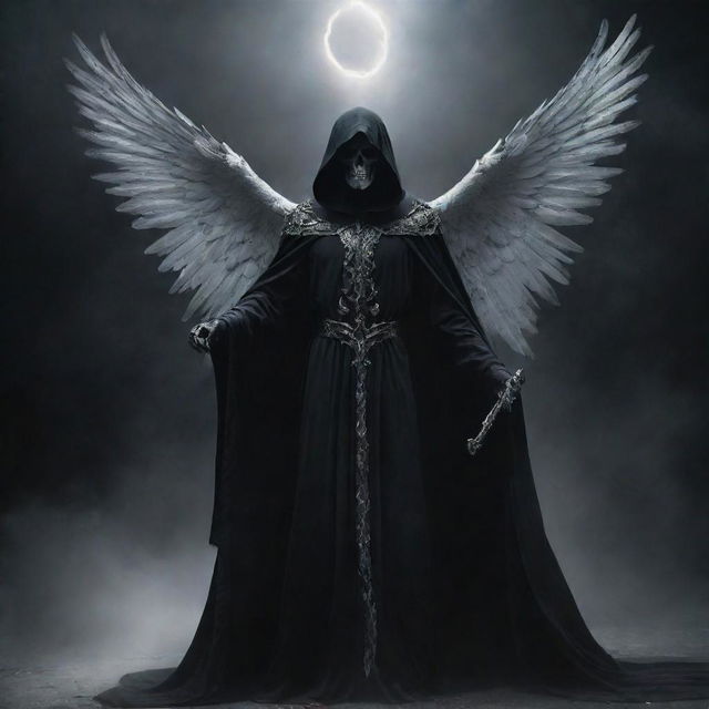 An ethereal image of the Angel of Death clad in a robe, armed with a gleaming scythe, appearing suddenly with a mysterious and captivating aura