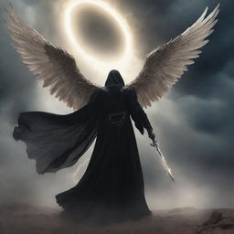 A breathtaking scene of the Angel of Death descending onto Earth, his billowing robes fluttering in the wind and his gleaming scythe reflecting the light of the surrounding atmosphere