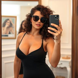 A stunning brunette woman with curly hair taking a selfie in front of a mirror