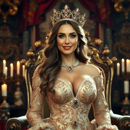 A beautiful queen with large breasts, elegantly dressed in an opulent gown adorned with intricate embroidery and gemstones