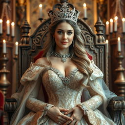 A beautiful queen with large breasts, elegantly dressed in an opulent gown adorned with intricate embroidery and gemstones