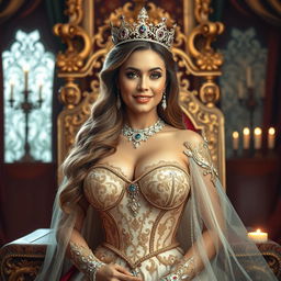 A beautiful queen with large breasts, elegantly dressed in an opulent gown adorned with intricate embroidery and gemstones