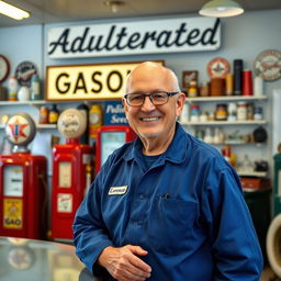 An 80-year-old man named Lorenzo, bald with glasses, standing proudly behind the counter of his service station