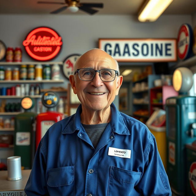 An 80-year-old man named Lorenzo, bald with glasses, standing proudly behind the counter of his service station