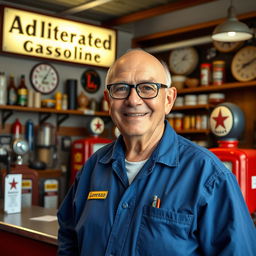 An 80-year-old man named Lorenzo, bald with glasses, standing proudly behind the counter of his service station
