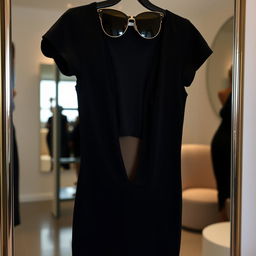 A stylish black dress hanging in front of a mirror, showcasing its form-fitting silhouette and a significant deep neckline that reveals an impressive amount of cleavage