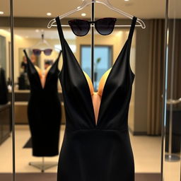 A stylish black dress hanging in front of a mirror, showcasing its form-fitting silhouette and a significant deep neckline that reveals an impressive amount of cleavage
