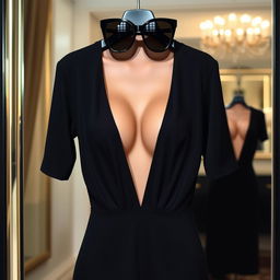 A stylish black dress hanging in front of a mirror, showcasing its form-fitting silhouette and a significant deep neckline that reveals an impressive amount of cleavage