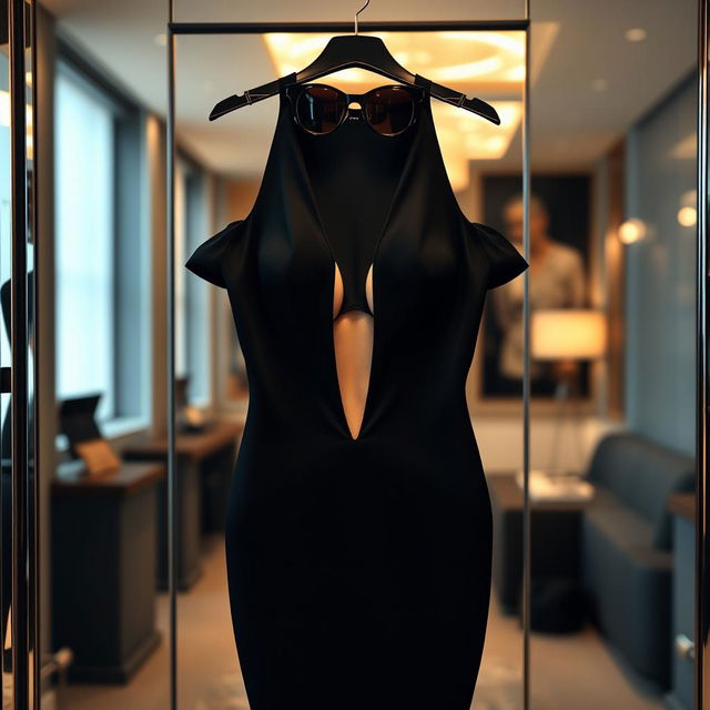 A stylish black dress hanging in front of a mirror, showcasing its form-fitting silhouette and a significant deep neckline that reveals an impressive amount of cleavage