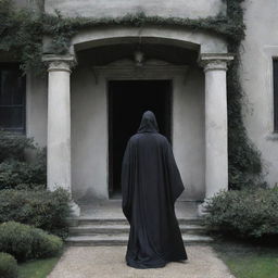 The Angel of Death, robed and scythe in hand, making his way towards a particular house, his formidable figure creating a stark contrast against the home's calm façade